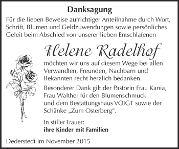 Traueranzeige von Helene Radelhof von Super Sonntag SGH Mansf. Land