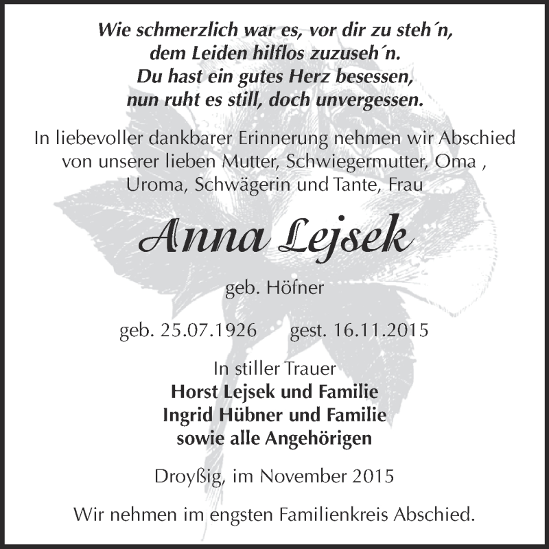  Traueranzeige für Anna Lejsek vom 21.11.2015 aus Super Sonntag Zeitz
