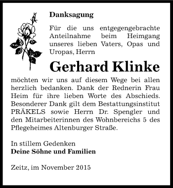 Traueranzeige von Gerhard Klinke von Mitteldeutsche Zeitung Zeitz