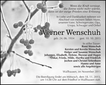 Traueranzeige von Werner Wenschuh von Super Sonntag SGH Mansf. Land