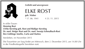 Traueranzeige von Elke Rost von Super Sonntag SGH Mansf. Land