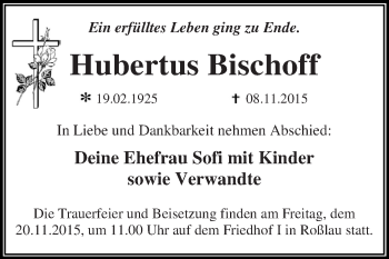 Traueranzeige von Hubertus Bischoff von WVG - Wochenspiegel Dessau / Köthen