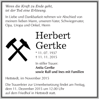 Traueranzeige von Herbert Gertke von Super Sonntag SGH Mansf. Land
