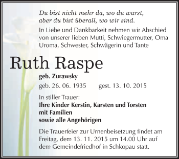 Traueranzeige von Ruth Raspe von WVG - Wochenspiegel Merseburg