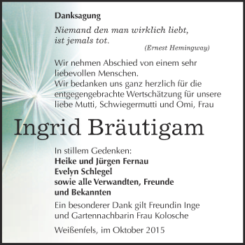 Traueranzeige von Ingrid Bräutigam von WVG - Wochenspiegel NMB / WSF / ZTZ