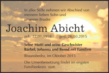 Traueranzeige von Joachim Abicht von WVG - Wochenspiegel Merseburg