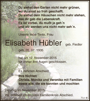 Traueranzeige von Elisabeth Hübler von Super Sonntag Zeitz