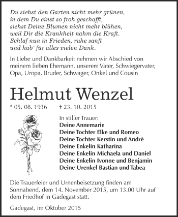 Traueranzeige von Helmut Wenzel von WVG - Wochenspiegel Wittenberg