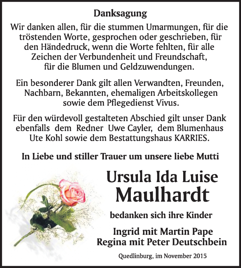  Traueranzeige für Ursula Ida Luise Maulhardt vom 28.11.2015 aus WVG - Wochenspiegel Quedlinburg
