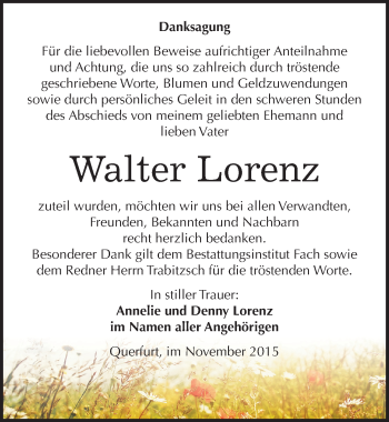Traueranzeige von Walter Lorenz von Mitteldeutsche Zeitung Merseburg/Querfurt