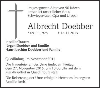 Traueranzeige von Albrecht Doebber von WVG - Wochenspiegel Quedlinburg