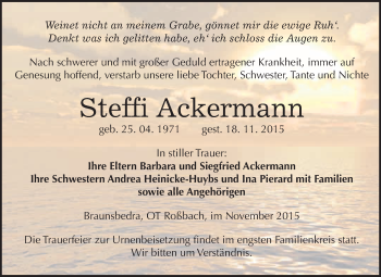 Traueranzeige von Steffi Ackermann von WVG - Wochenspiegel Merseburg