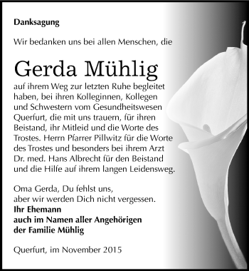 Traueranzeige von Gerda Mühlig von Mitteldeutsche Zeitung Merseburg/Querfurt