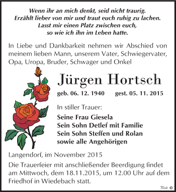 Traueranzeige von Jürgen Hortsch von Mitteldeutsche Zeitung Weißenfels