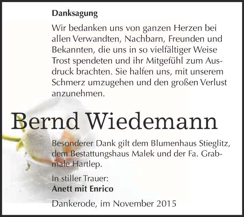  Traueranzeige für Bernd Wiedemann vom 21.11.2015 aus WVG - Wochenspiegel Quedlinburg