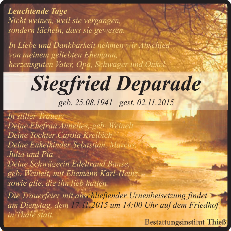  Traueranzeige für Siegfried Deparade vom 07.11.2015 aus Super Sonntag Quedlinburg