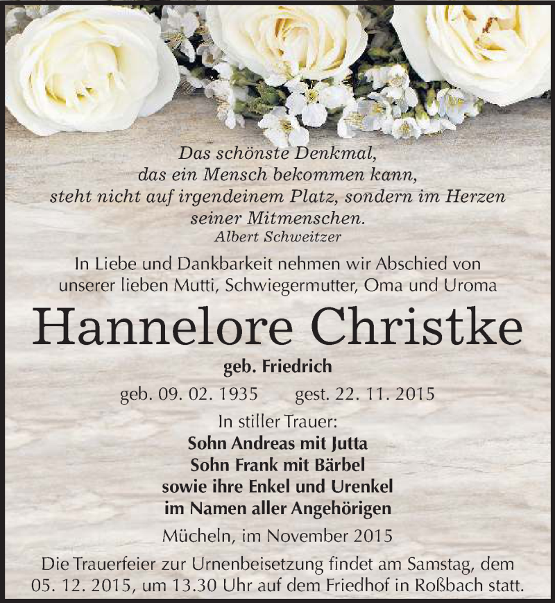  Traueranzeige für Hannelore Christke vom 28.11.2015 aus Mitteldeutsche Zeitung Merseburg/Querfurt
