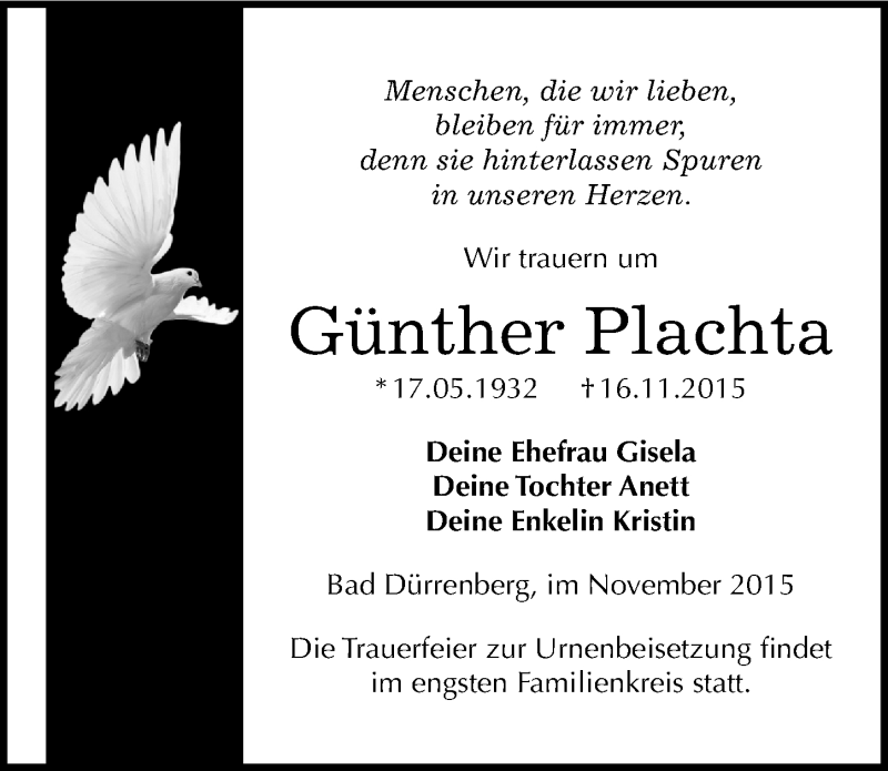  Traueranzeige für Günther Plachta vom 21.11.2015 aus Mitteldeutsche Zeitung Merseburg/Querfurt