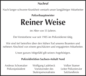 Traueranzeige von Reiner Weise von Super Sonntag Aschersleben