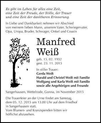 Traueranzeige von Manfred Weiß von Super Sonntag SGH Mansf. Land