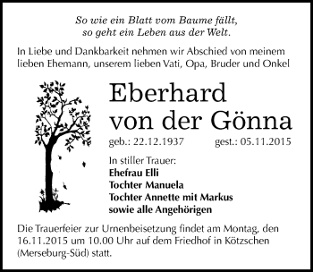 Traueranzeige von Eberhard von der Gönna von Mitteldeutsche Zeitung Merseburg/Querfurt