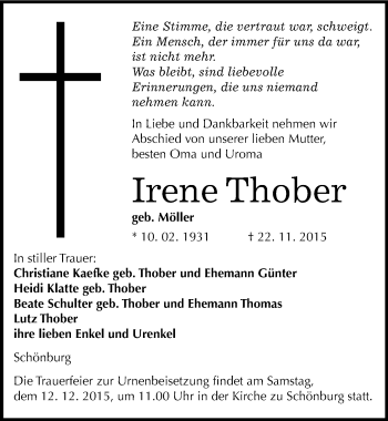 Traueranzeige von Irene Thober von Mitteldeutsche Zeitung Naumburg/Nebra