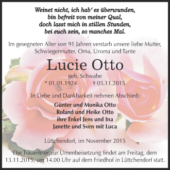 Traueranzeige von Lucie Otto von Wochenspiegel Mansfelder Land