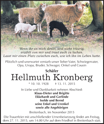 Traueranzeige von Hellmuth Kronberg von Mitteldeutsche Zeitung Sangerhausen
