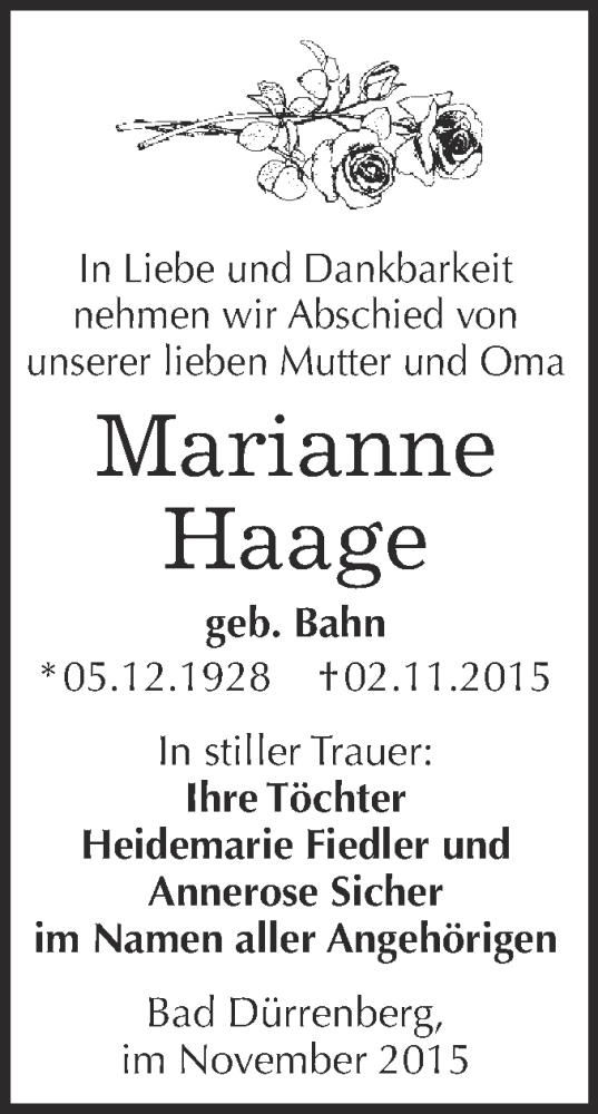  Traueranzeige für Marianne Haage vom 07.11.2015 aus Super Sonntag Merseburg