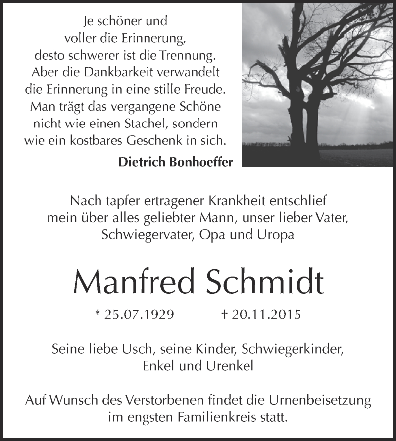  Traueranzeige für Manfred Schmidt vom 28.11.2015 aus WVG - Wochenspiegel Dessau / Köthen
