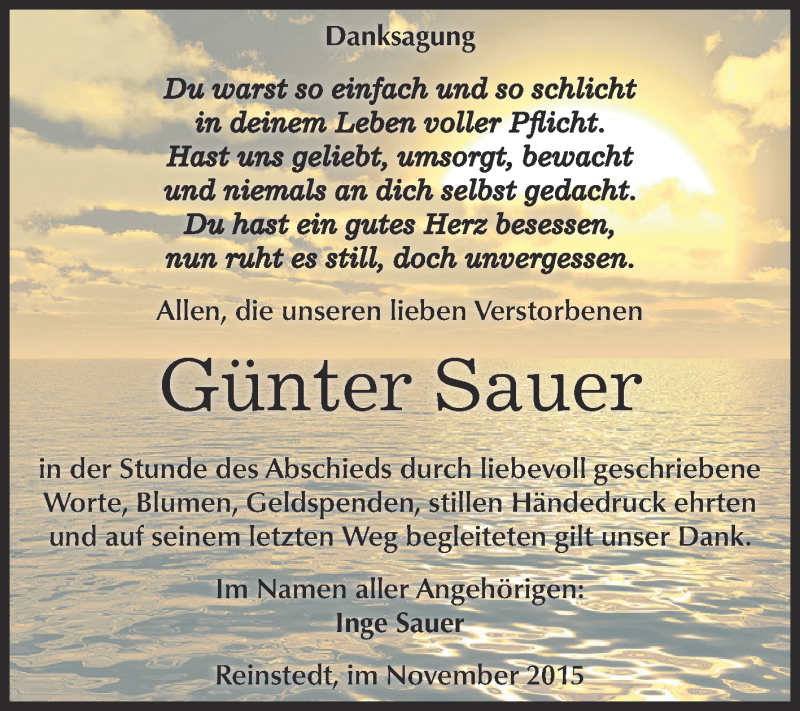  Traueranzeige für Günter Sauer vom 28.11.2015 aus Super Sonntag Aschersleben