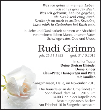 Traueranzeige von Rudi Grimm von Mitteldeutsche Zeitung Sangerhausen