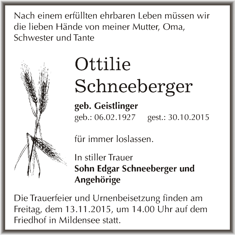  Traueranzeige für Ottilie Schneeberger vom 07.11.2015 aus WVG - Wochenspiegel Dessau / Köthen