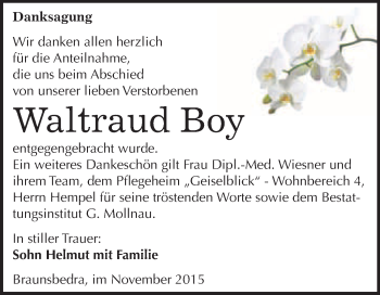 Traueranzeige von Waltraud Boy von WVG - Wochenspiegel Merseburg