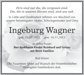 Traueranzeige von Ingeburg Wagner von WVG - Wochenspiegel NMB / WSF / ZTZ