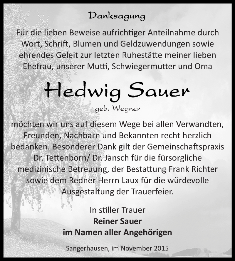  Traueranzeige für Hedwig Sauer vom 21.11.2015 aus Super Sonntag SGH Mansf. Land