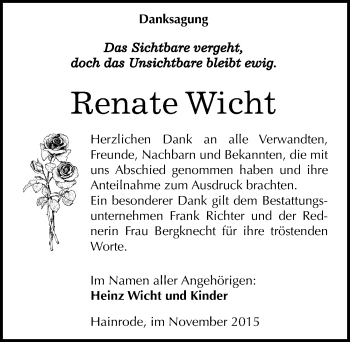 Traueranzeige von Renate Wicht von Mitteldeutsche Zeitung Sangerhausen