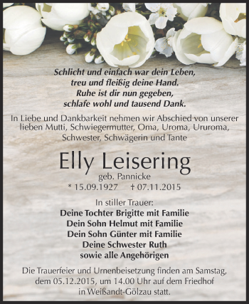 Traueranzeige von Elly Leisering von WVG - Wochenspiegel Dessau / Köthen