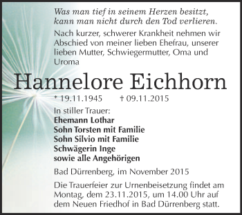 Traueranzeige von Hannelore Eichhorn von Super Sonntag Merseburg