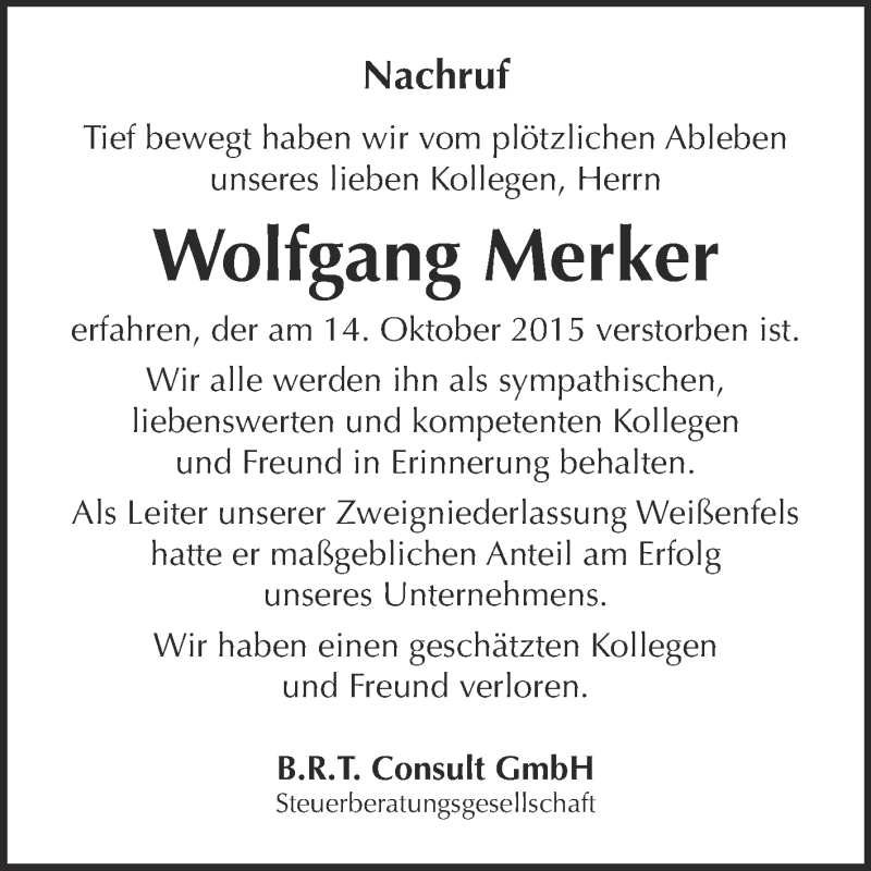  Traueranzeige für Wolfgang Merker vom 11.11.2015 aus WVG - Wochenspiegel NMB / WSF / ZTZ