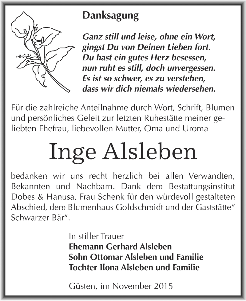  Traueranzeige für Inge Alsleben vom 07.11.2015 aus Super Sonntag Bernburg