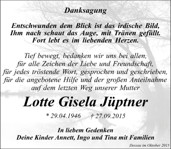 Traueranzeige von Lotte Gisela Jüptner von Mitteldeutsche Zeitung Dessau-Roßlau