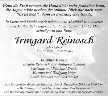 Traueranzeige von Irmgard Reinosch von WVG - Wochenspiegel Dessau / Köthen