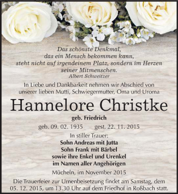 Traueranzeige von Hannelore Christke von Mitteldeutsche Zeitung Merseburg/Querfurt