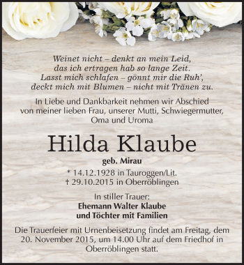 Traueranzeige von Hilda Klaube von Mitteldeutsche Zeitung Sangerhausen