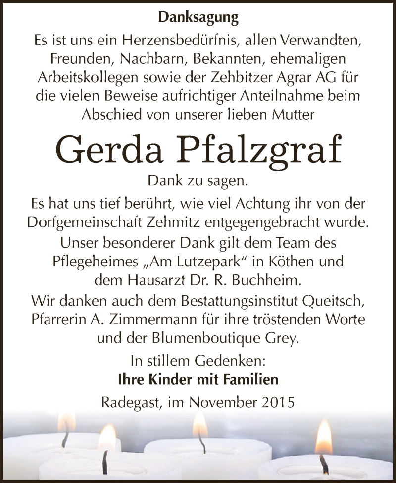  Traueranzeige für Gerda Pfalzgraf vom 21.11.2015 aus WVG - Wochenspiegel Dessau / Köthen