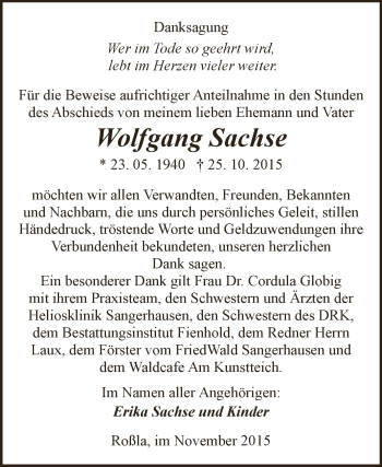 Traueranzeige von Wolfgang Sachse von Super Sonntag SGH Mansf. Land