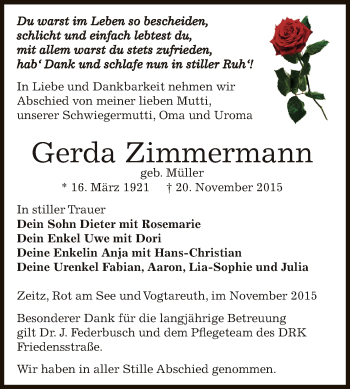 Traueranzeige von Gerda Zimmermann von Super Sonntag Zeitz