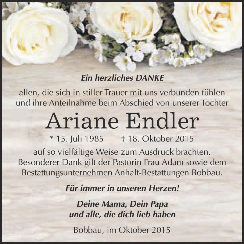  Traueranzeige für Ariane Endler vom 04.11.2015 aus WVG - Wochenspiegel Bitterfeld