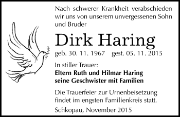 Traueranzeige von Dirk Haring von Mitteldeutsche Zeitung Merseburg/Querfurt